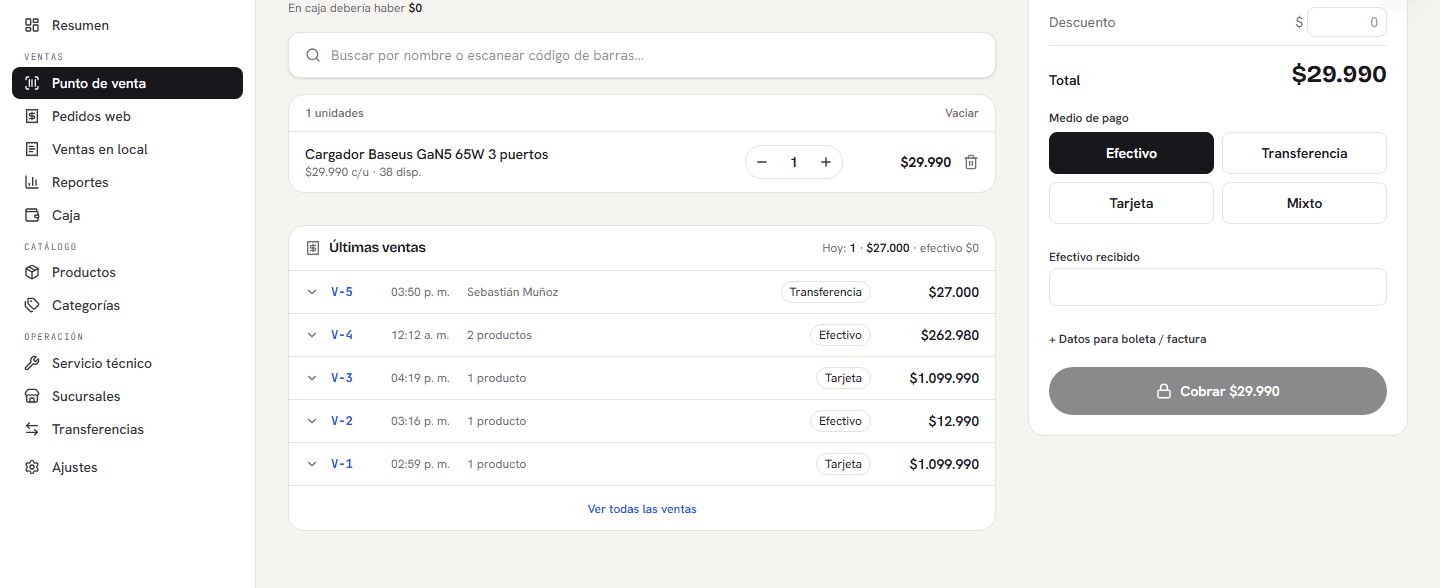Panel de Ordeo: punto de venta con carrito, últimas ventas y cobro
